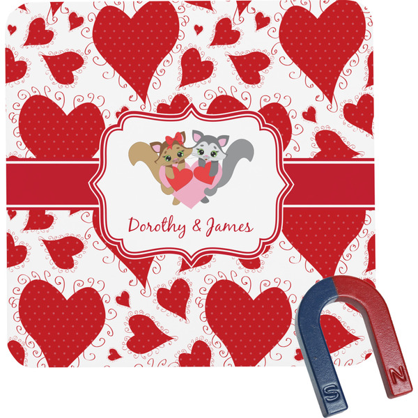 Custom Cute Raccoon Couple Square Fridge Magnet (Personalized)