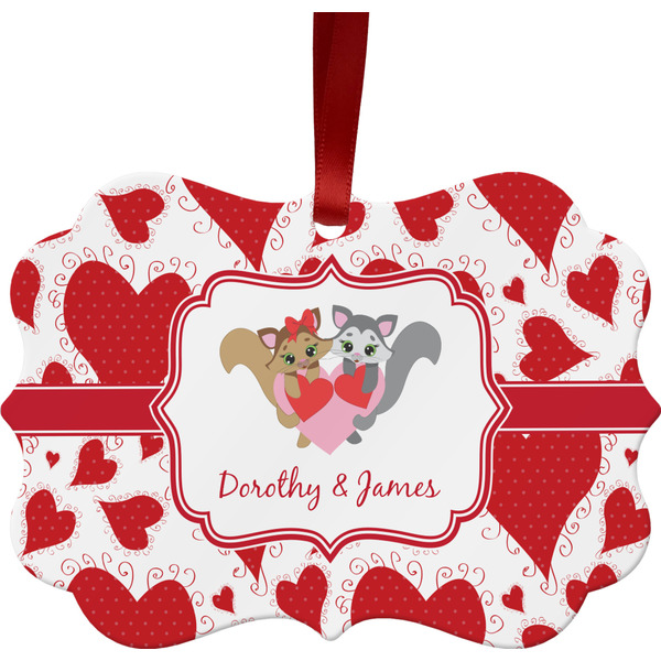 Custom Cute Squirrel Couple Metal Frame Ornament - Double Sided w/ Couple's Names