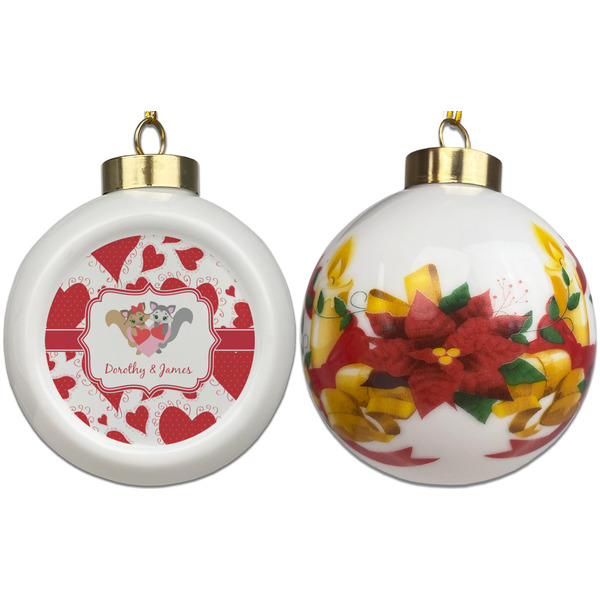 Cute Squirrel Couple Ceramic Christmas Ornament - Poinsettias (APPROVAL)