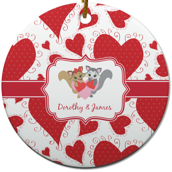 Custom Cute Squirrel Couple Round Ceramic Ornament w/ Couple's Names