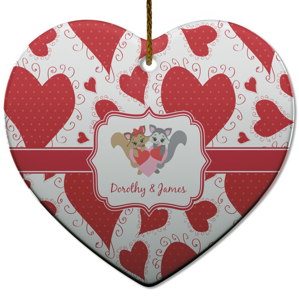Custom Cute Squirrel Couple Heart Ceramic Ornament w/ Couple's Names