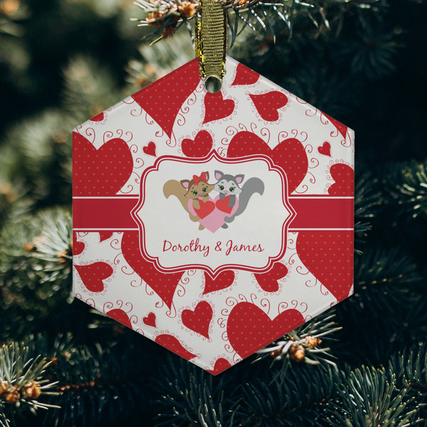Cute Squirrel Couple Frosted Glass Ornament - Hexagon (Lifestyle)