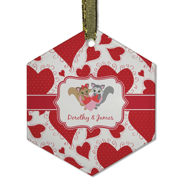 Custom Cute Squirrel Couple Flat Glass Ornament - Hexagon w/ Couple's Names