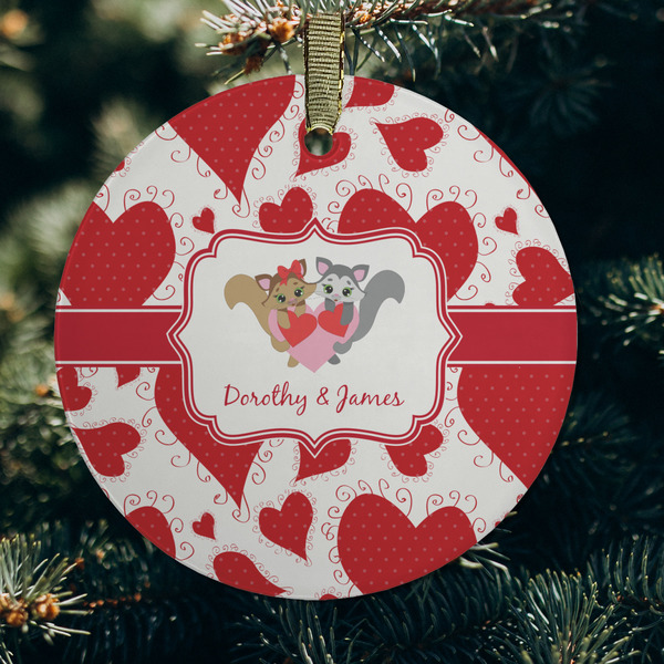 Cute Squirrel Couple Frosted Glass Ornament - Round (Lifestyle)