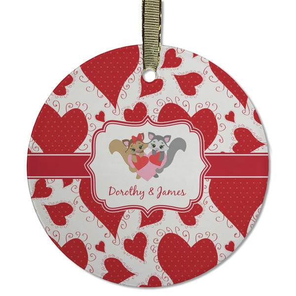Custom Cute Squirrel Couple Flat Glass Ornament - Round w/ Couple's Names