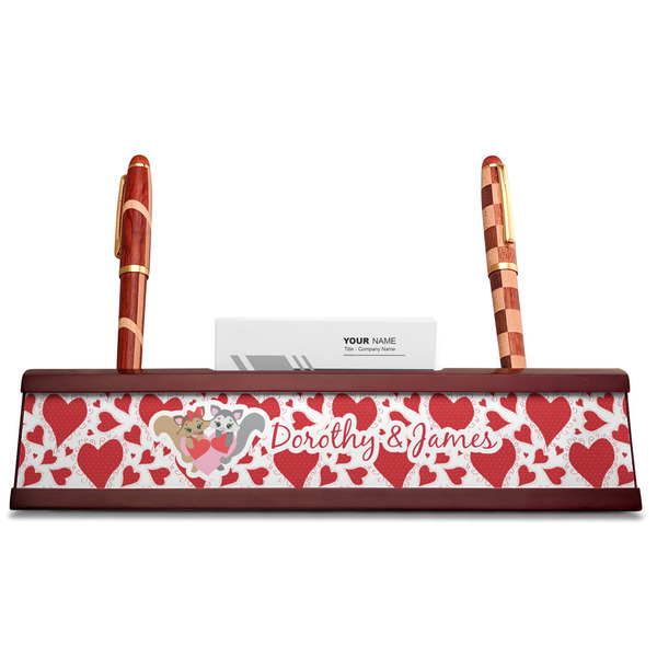 Cute Squirrel Couple Red Mahogany Nameplates with Business Card Holder - Straight
