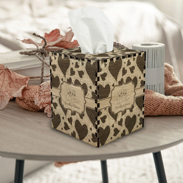 Cute Squirrel Couple Square Tissue Box Covers - Wood - In Context