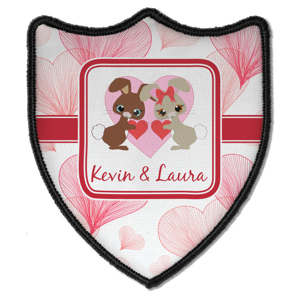 Custom Hearts & Bunnies Iron On Shield Patch B w/ Couple's Names