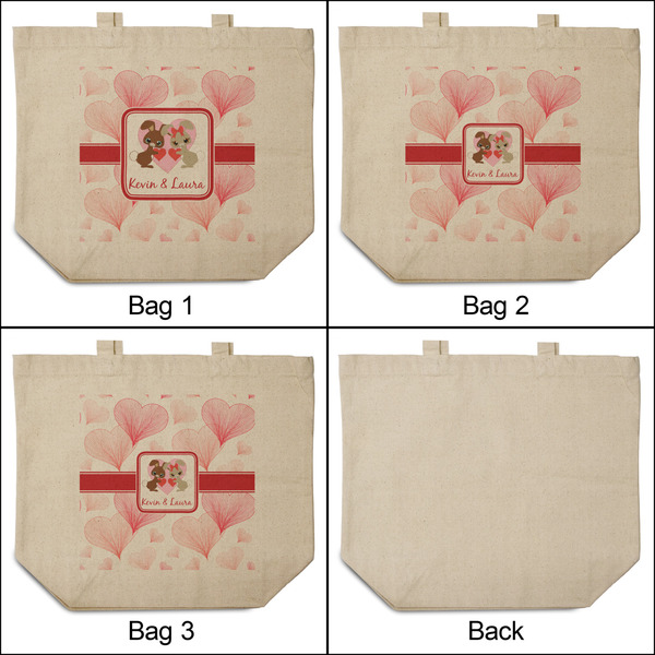 Hearts & Bunnies 3 Reusable Cotton Grocery Bags - Front & Back View