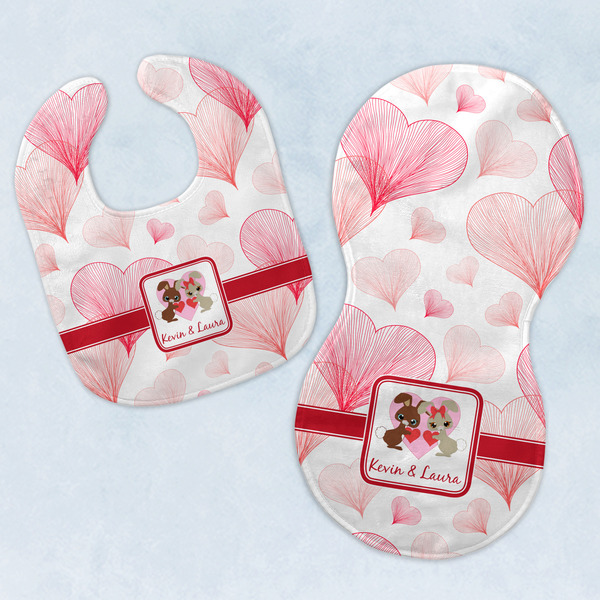Custom Hearts & Bunnies Baby Bib & Burp Set w/ Couple's Names