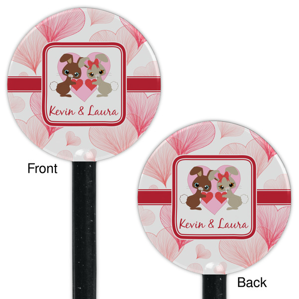 Hearts & Bunnies Black Plastic 5.5" Stir Stick - Double Sided - Round - Front & Back