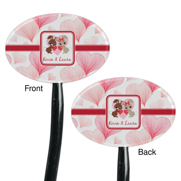 Hearts & Bunnies Black Plastic 7" Stir Stick - Double Sided - Oval - Front & Back