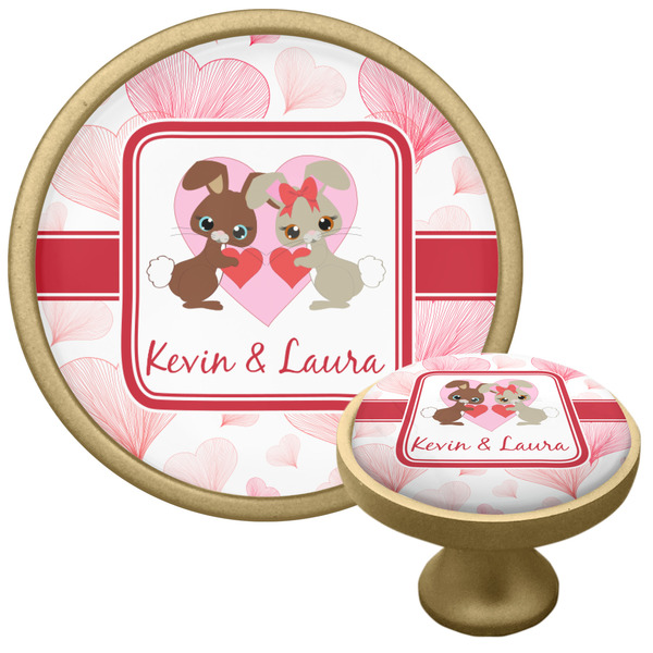 Custom Hearts & Bunnies Cabinet Knob - Gold (Personalized)
