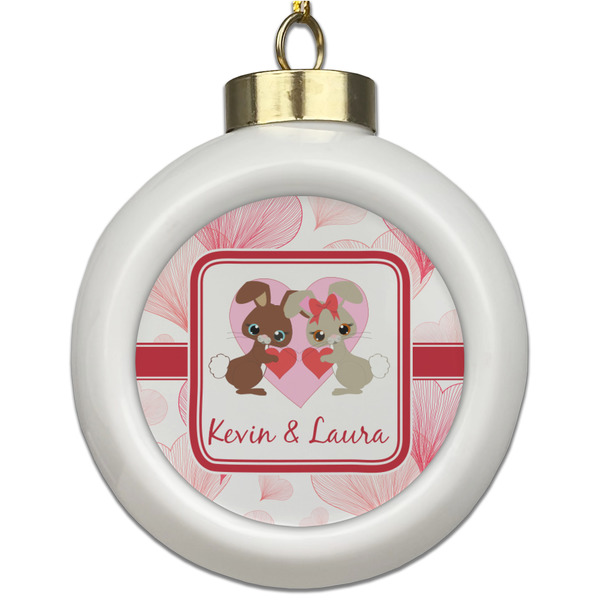 Custom Hearts & Bunnies Ceramic Ball Ornament (Personalized)