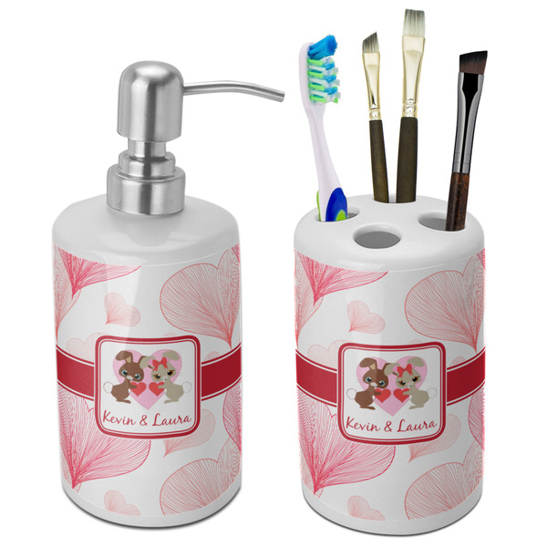 Custom Hearts & Bunnies Ceramic Bathroom Accessories Set (Personalized)