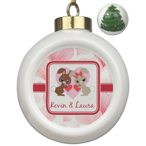Custom Hearts & Bunnies Ceramic Ball Ornament - Christmas Tree (Personalized)