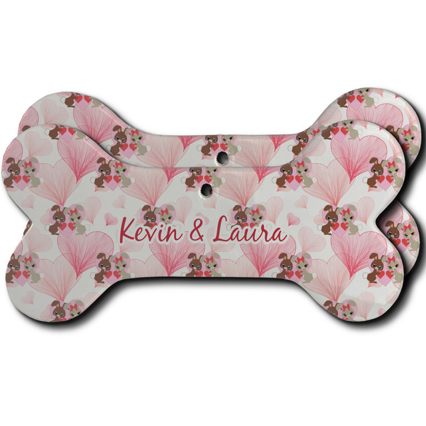 Custom Hearts & Bunnies Ceramic Dog Ornament - Front & Back w/ Couple's Names
