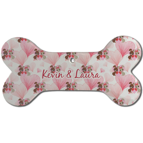 Custom Hearts & Bunnies Ceramic Dog Ornament - Front w/ Couple's Names