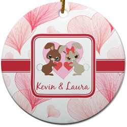 Hearts & Bunnies Round Ceramic Ornament w/ Couple's Names