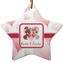 Hearts & Bunnies Star Ceramic Ornament w/ Couple's Names