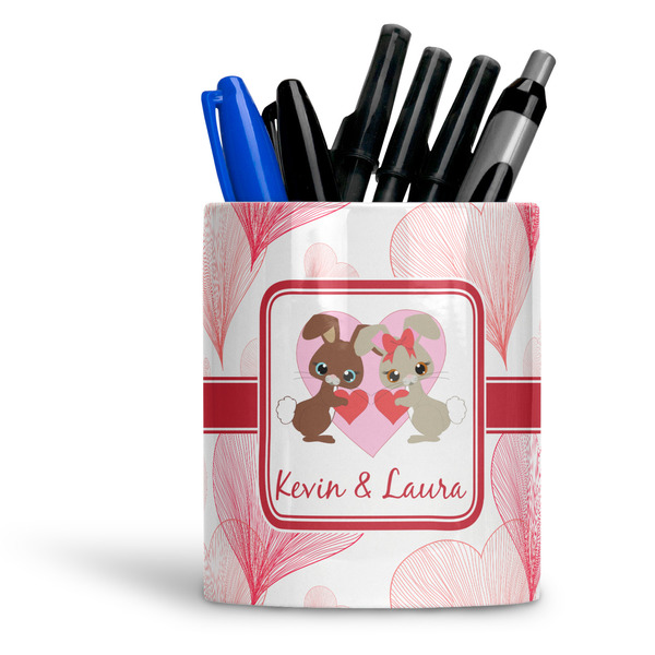 Custom Hearts & Bunnies Ceramic Pen Holder