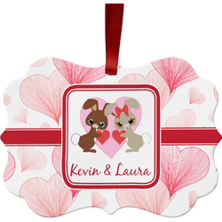 Hearts & Bunnies Metal Frame Ornament - Double Sided w/ Couple's Names