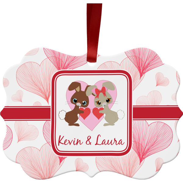 Custom Hearts & Bunnies Metal Frame Ornament - Double Sided w/ Couple's Names