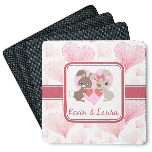 Custom Hearts & Bunnies Square Rubber Backed Coasters - Set of 4 (Personalized)