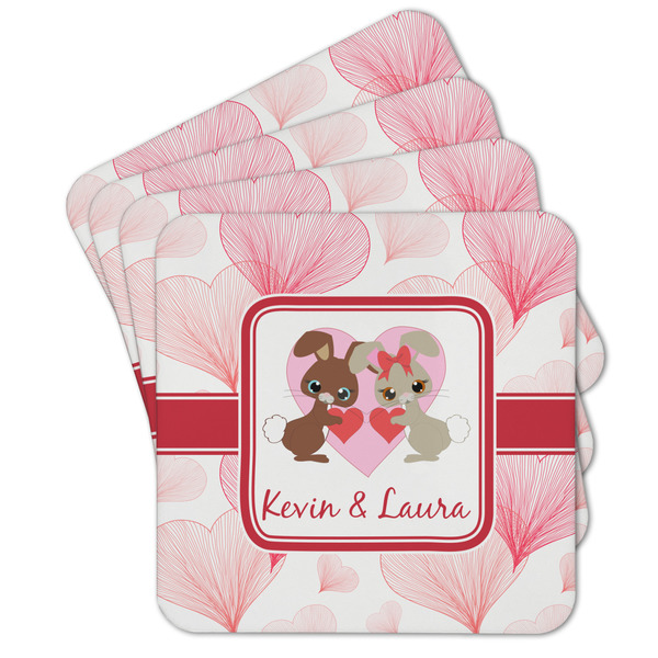 Custom Hearts & Bunnies Cork Coaster - Set of 4 w/ Couple's Names