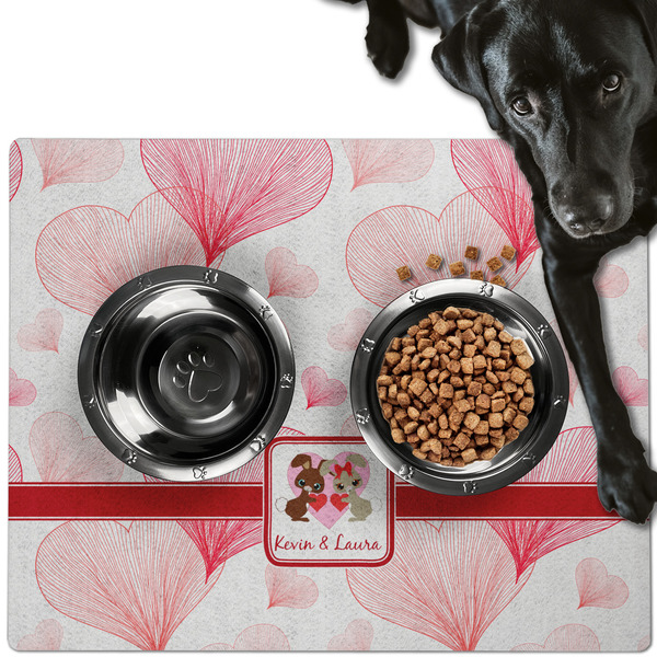 Custom Hearts & Bunnies Dog Food Mat - Large w/ Couple's Names