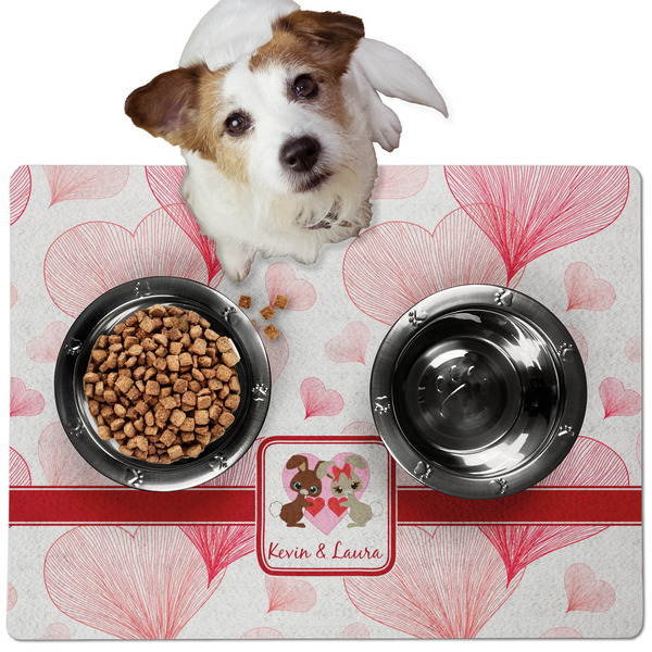 Custom Hearts & Bunnies Dog Food Mat - Medium w/ Couple's Names