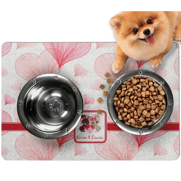 Custom Hearts & Bunnies Dog Food Mat - Small w/ Couple's Names