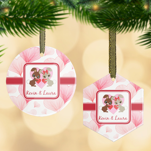 Custom Hearts & Bunnies Flat Glass Ornament w/ Couple's Names