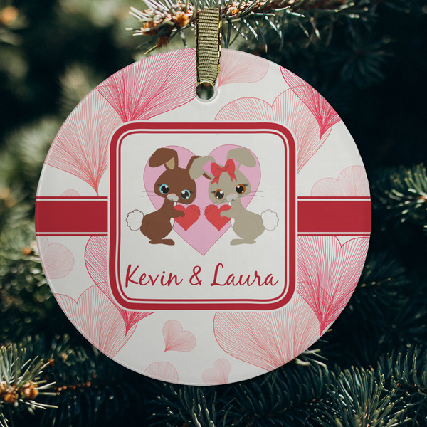 Hearts & Bunnies Frosted Glass Ornament - Round (Lifestyle)