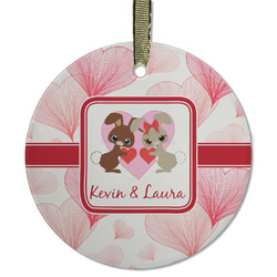 Hearts & Bunnies Flat Glass Ornament - Round w/ Couple's Names