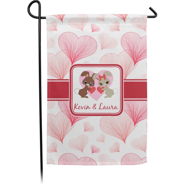 Custom Hearts & Bunnies Small Garden Flag - Double Sided w/ Couple's Names