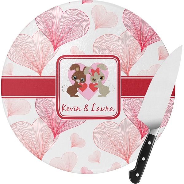 Custom Hearts & Bunnies Round Glass Cutting Board - Medium (Personalized)