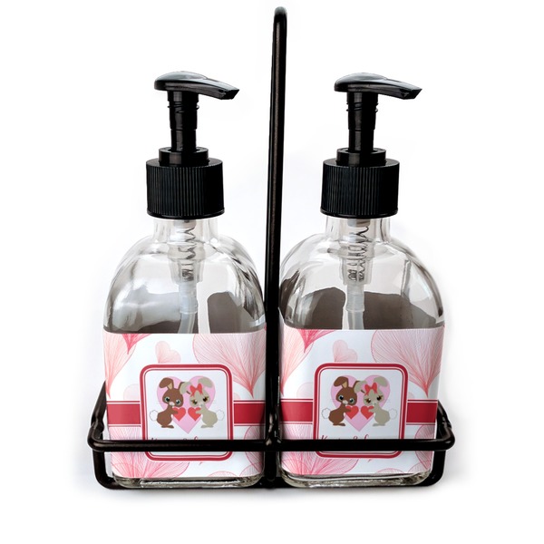 Custom Hearts & Bunnies Glass Soap & Lotion Bottle Set (Personalized)