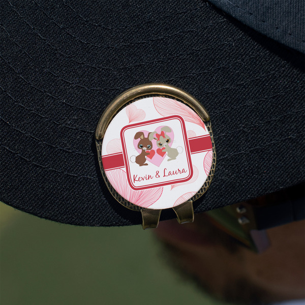 Hearts & Bunnies Golf Ball Marker Hat Clip - Gold - On Hat