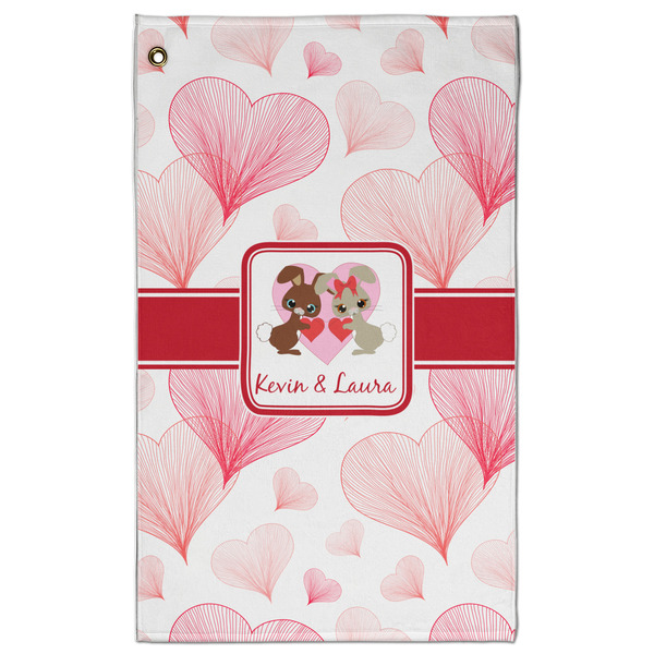 Custom Hearts & Bunnies Golf Towel - Poly-Cotton Blend - Large w/ Couple's Names