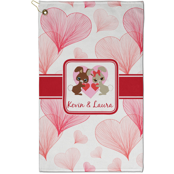 Custom Hearts & Bunnies Golf Towel - Poly-Cotton Blend - Small w/ Couple's Names