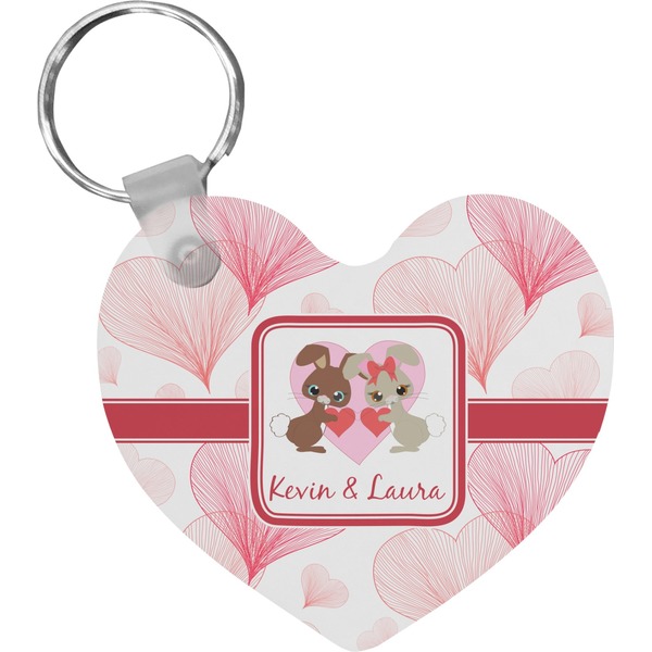 Custom Hearts & Bunnies Heart Plastic Keychain w/ Couple's Names