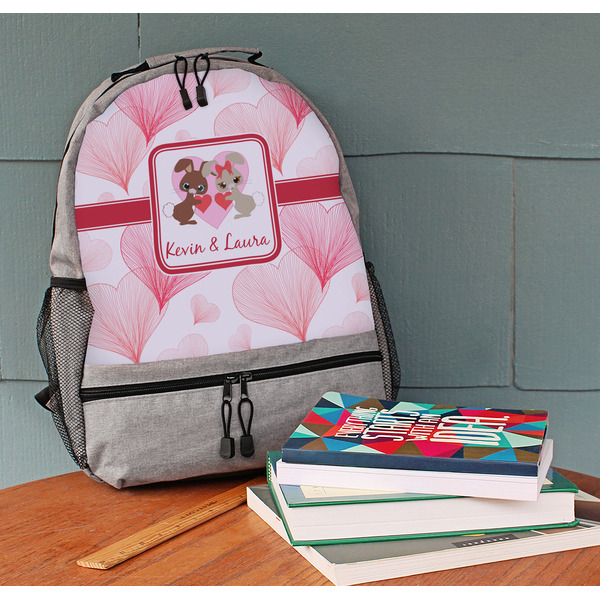 Hearts & Bunnies Large Backpack - Gray - On Desk