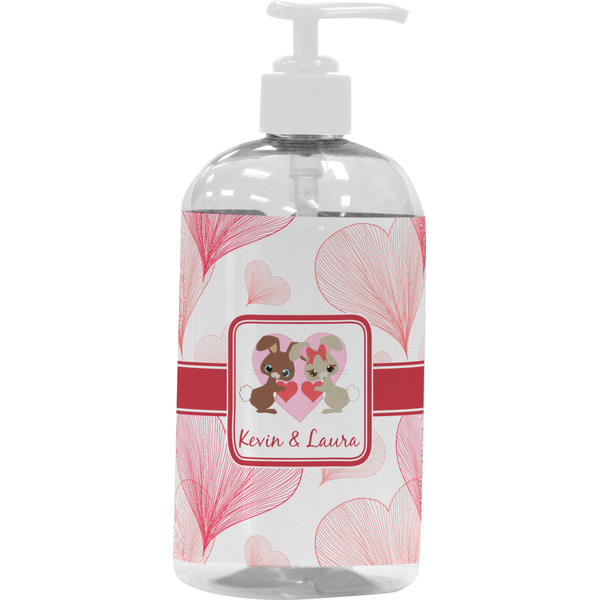 Custom Hearts & Bunnies Plastic Soap / Lotion Dispenser (16 oz - Large - White) (Personalized)