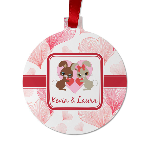 Custom Hearts & Bunnies Metal Ball Ornament - Double Sided w/ Couple's Names