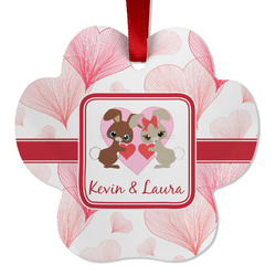 Hearts & Bunnies Metal Paw Ornament - Double Sided w/ Couple's Names