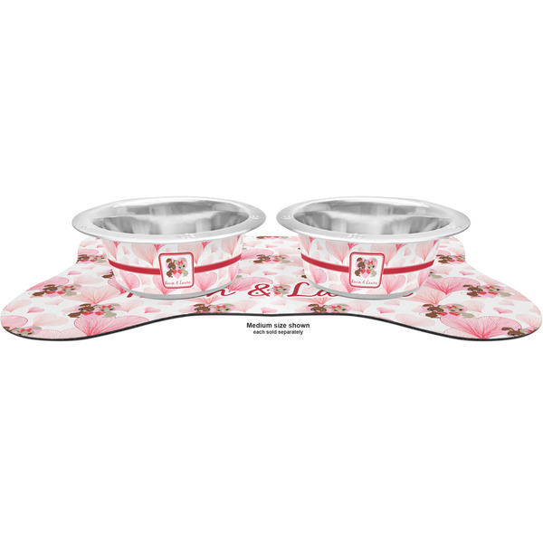 Hearts & Bunnies Metal Pet Bowls - On Dog Bone Shaped Mat
