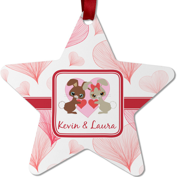 Custom Hearts & Bunnies Metal Star Ornament - Double Sided w/ Couple's Names