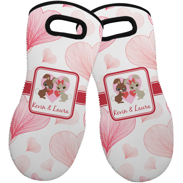 Custom Hearts & Bunnies Neoprene Oven Mitts - Set of 2 w/ Couple's Names