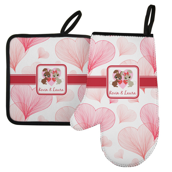 Custom Hearts & Bunnies Left Oven Mitt & Pot Holder Set w/ Couple's Names